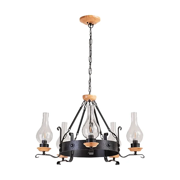 Lustre Madelustre Oxford 5 Lâmpadas 70cm Castanho Preto com Vidro Cristal 3076-5
