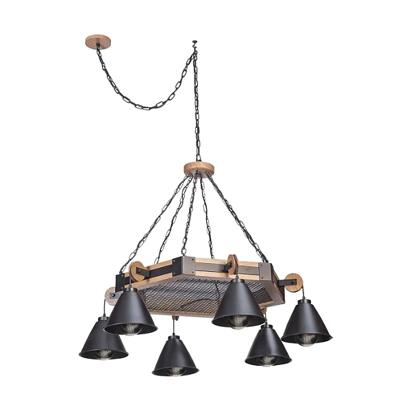 Lustre Pendente Madelustre Celeiro 6 Lâmpadas Preto Madeira Castanho E27 3264