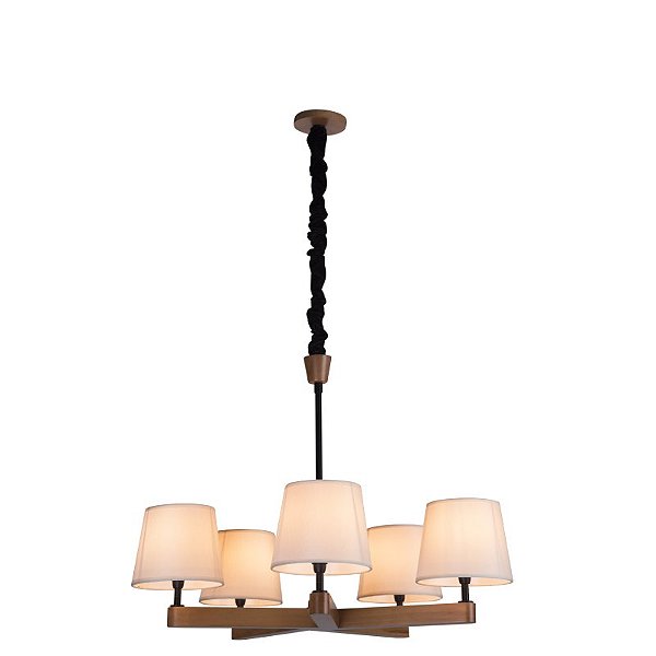 Lustre Pendente Madelustre Yasmin 5 Lâmpadas 70cm Cúpulas Linho Madeira Castanho Imbuia ou Preto 3058