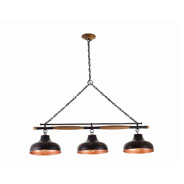 Lustre Pendente Trilho Madelustre Brooklyn 3 Lâmpadas 120cm Preto e Dourado Madeira Castanho 2858PC
