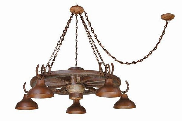 Lustre Roda de Carroça Madelustre Estancia 5 Lâmpadas Ø90 a Ø115cm Madeira Castanho Envelhecido 425