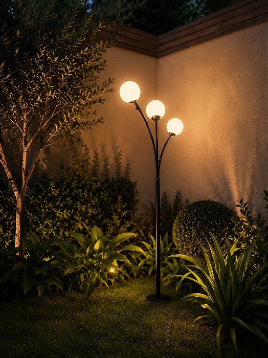 Poste de Jardim Madelustre Fiori 1,45m Preto 3 Lâmpadas com Esferas Leitosas G9 3218PT-3