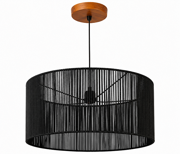 Pendente Regulável Imbuia Cúpula Cilíndrica Corda Preta 50x50x25cm 5L Trevisan