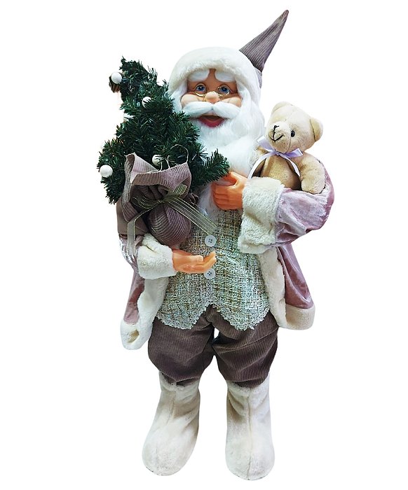 Papai Noel Natal em Pé Rosa e Bege com Ursinho 80 cm