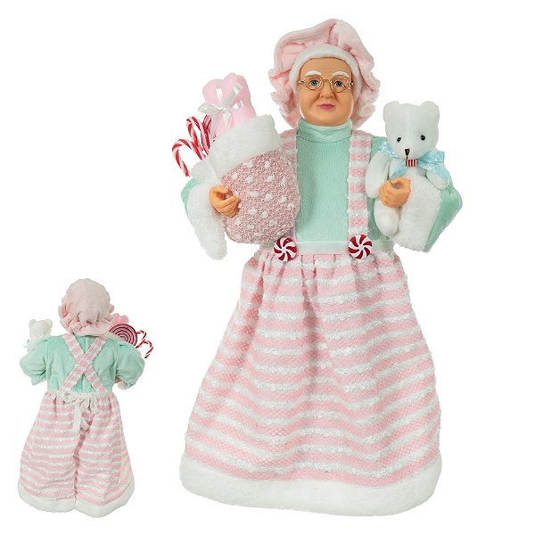 Mamãe Noel de Pijama em Pá Rosa e Verde 45cm com Ursinho