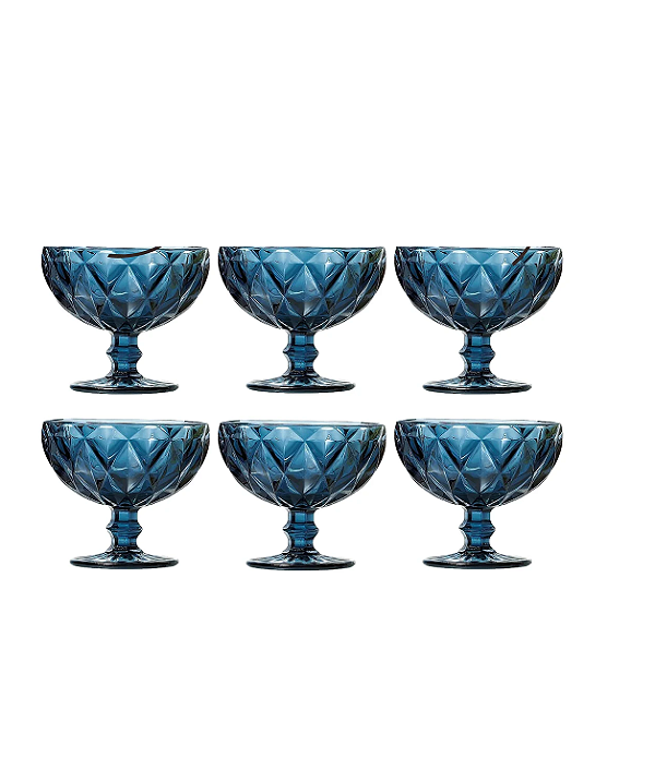 Jogo Taças Sobremesa Diamante Vidro Azul 310 ml Class Home