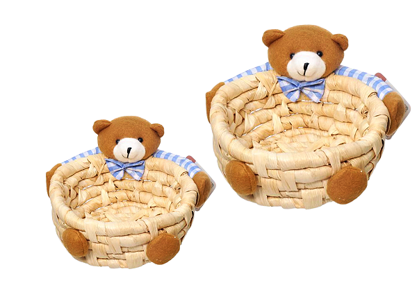 Urso Pelúcia na Cesta Cestinha de Palha Decoração M e G Kit
