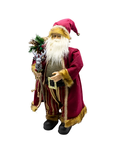 Papai Noel com Casaco Vermelho e Cajado de Alce 60 cm
