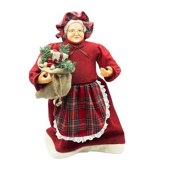 Boneco Mamãe Noel Avental Xadrez Decoração de Natal 80 cm