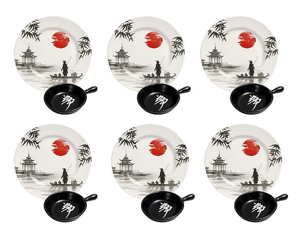 Prato Sobremesa Japonese com Mini Bowl - Kit 12 Peças