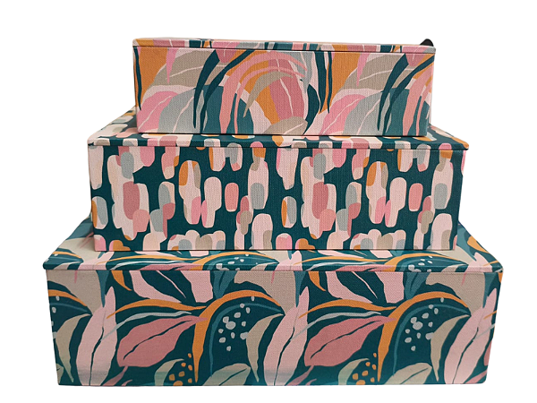 Kit 03 Caixa Livro Decorativo Verde e Rosa Mart Folhagens