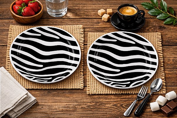 Prato Sobremesa Zebra 20 cm Cerâmica Oxford Kit 02 Unid.