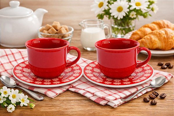 Xícara Chá Café C/ Leite 200 ml Renda Vermelha Oxford 02 Un.