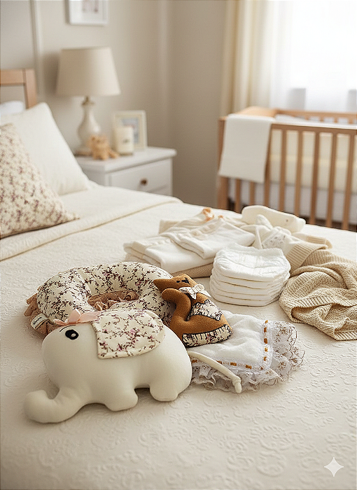 KIT ALMOFADA DE BRAÇO, ALMOFADA DE BERÇO E NANINHA GATINHO