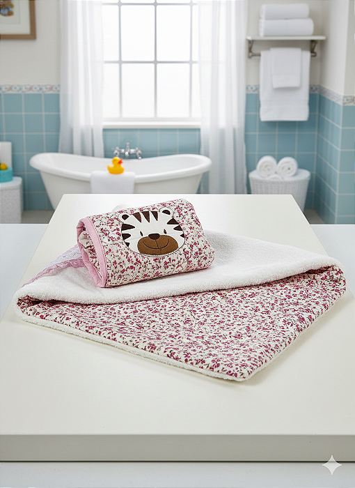 KIT TOALHA DE BANHO E PORTA ARTIGOS DE HIGIÊNE DO BEBÊ.