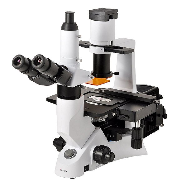 Microscópio Trinocular Invertido. Aumento 40x até 400x ou 40x até 600x (opcional), Obj. Plana Infinita, Iluminação 30W Halogênio, Contraste de Fase e Fluorescência 100W - TNI-51-IMU