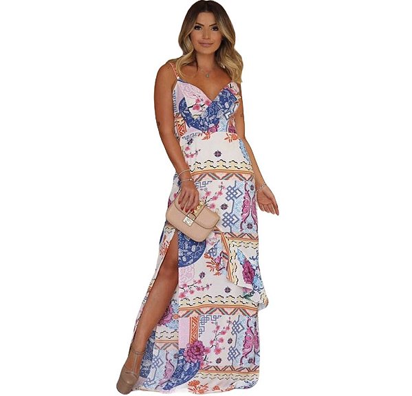 vestido longo estampado com fenda