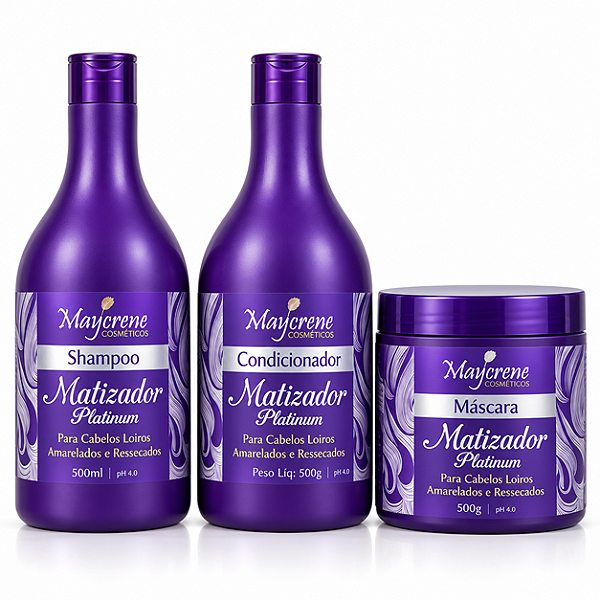 Kit Matizador Platinum Maycrene para Cabelos Loiros – Shampoo + Condicionador + Máscara