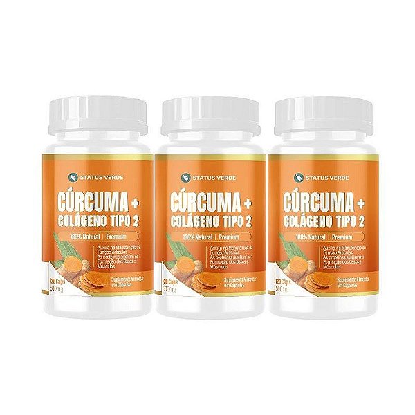 Kit 3 Cúrcuma + Colágeno Tipo II 360 Cápsulas 500mg Status Verde