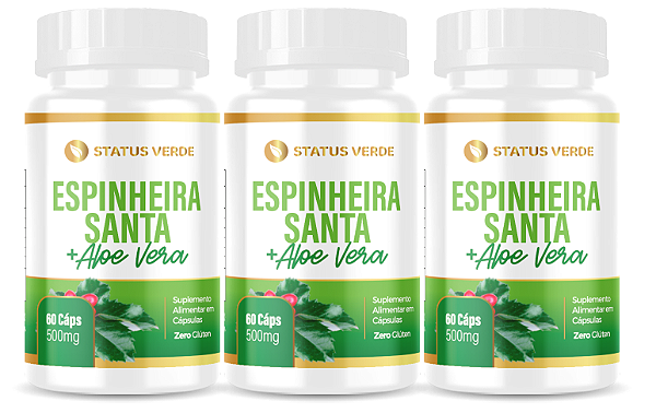 Kit 3 Espinheira Santa + Aloe vera 180 Cápsulas 500mg Status Verde
