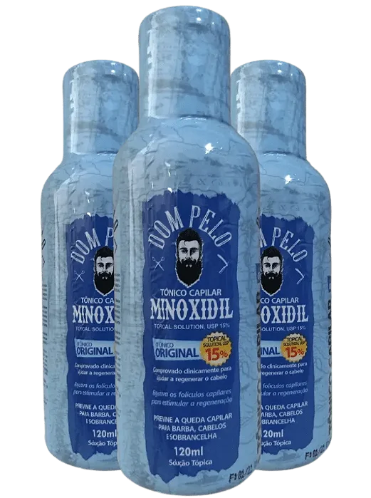 Kit Minoxidil 15% DOM PELO Ultra Potente (3x120ml) - Tratamento Completo de 6 Meses para Barba e Cabelo