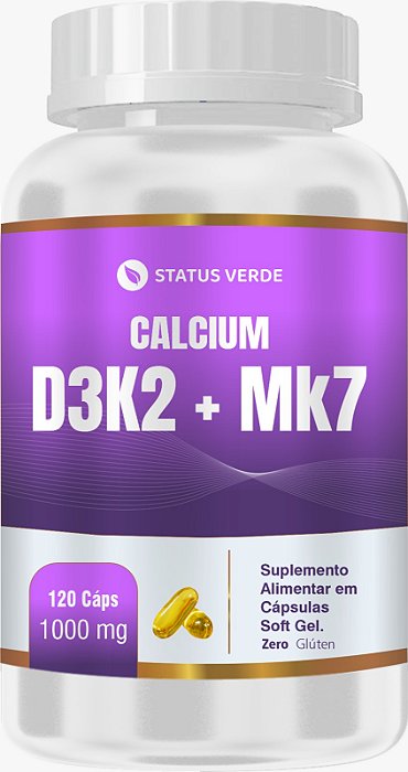 D3+K2 + MK7 Cálcio e Magnésio 120 cápsulas 1000mg - Status Verde