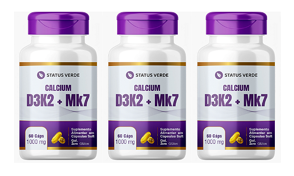 KIT 3 D3+K2 + MK7 Cálcio e Magnésio 180 Cápsulas 1000mg - Status Verde