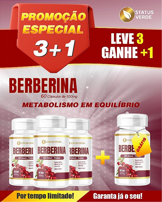 PROMOÃO- Kit 3 Berberina 180 Cápsulas 500mg Status verde 1 GRÁTIS