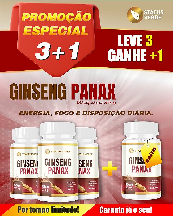 PROMOÇÃO - Kit 3 Ginseng Panax 180 Cápsulas 500mg Status Verde 1 GRÁTIS