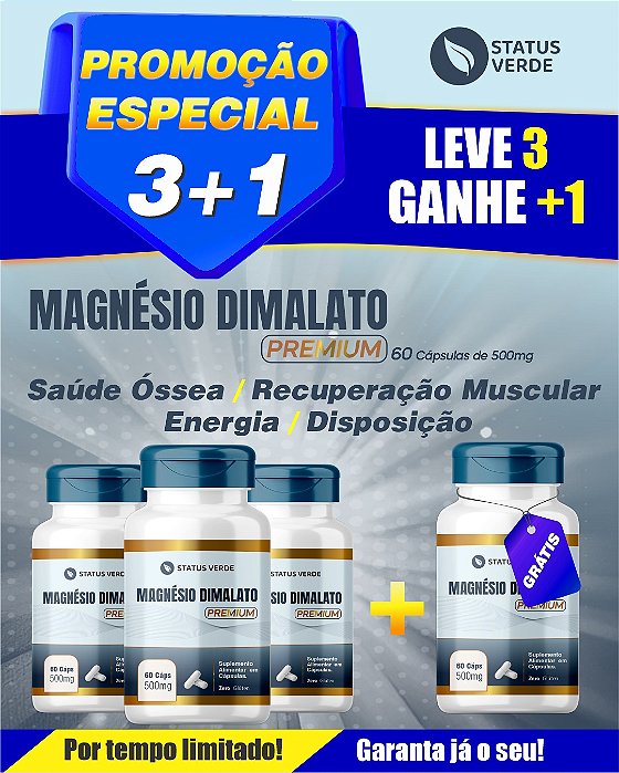 PROMOÇÃO - Kit 3 Magnésio Dimalato Premium 180 Cápsulas 500mg Status Verde 1 GRÁTIS
