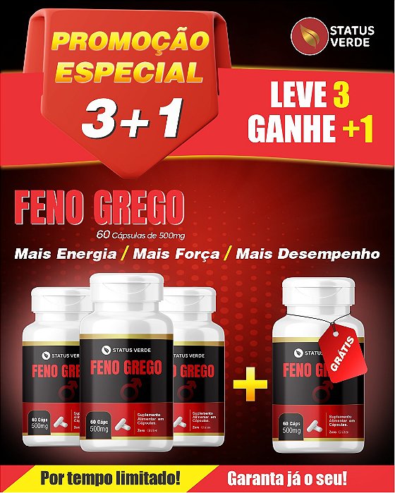 PROMOÇÃO - Kit 3 Feno Grego 180 Cápsulas 500 mg Status Verde 1 GRÁTIS