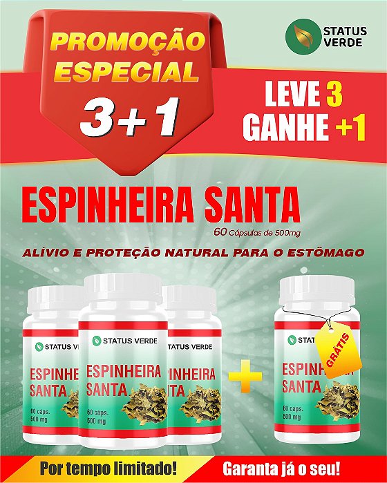 PROMOÇÃO - Kit 3 Espinheira Santa 180 Cápsulas 500mg Status Verde 1 GRÁTIS
