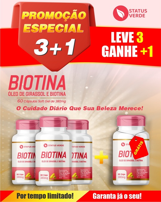 PROMOÇÃO - Kit 3 Biotina 180 Cápsulas 380 mg Status Verde 1 GRÁTIS