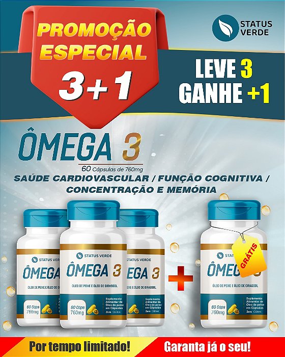 PROMOÇÃO - Kit 3 Ômega 3 - 180 Cápsulas 760mg Status Verde 1 GRÁTIS