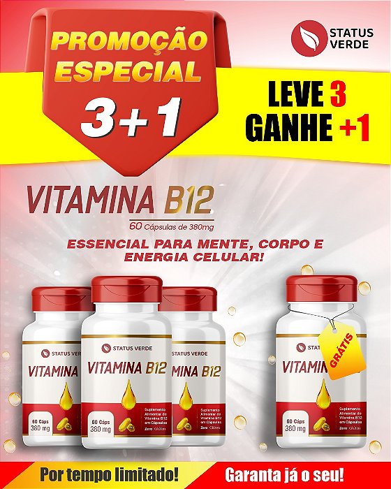 PROMOÇÃO - Kit 3 Vitamina B12 Metilcobalamina 180 Cápsulas 380 mg Status Verde 1 GRÁTIS