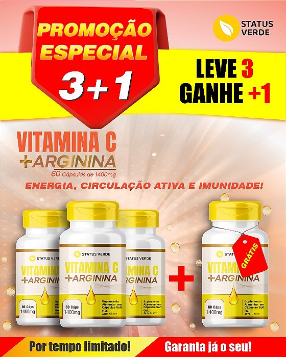 PROMOÇÃO - Kit 3 Vitamina C + Arginina 180 Cápsulas 1400mg Status Verde 1 GRÁTIS