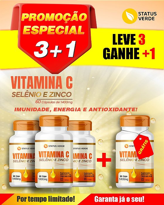 PROMOÇÃO - Kit 3 Vitamina C Selênio e Zinco 180 Cápsulas 1400 mg Status Verde 1 GRÁTIS