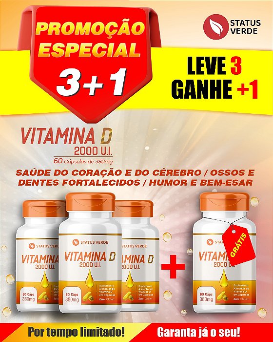 PROMOÇÃO - Kit 3 Vitamina D 2.000 U.I 180 Cápsulas 380 mg Status Verde 1 GRÁTIS