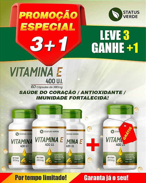 PROMOÇÃO - Kit 3 Vitamina E 400 U.I 180 Cápsulas 380 mg Status Verde 1 GRÁTIS