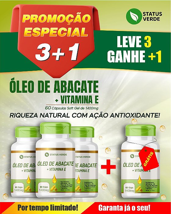 PROMOÇÃO - Kit 3 Óleo de Abacate + Vitamina E 180 Cápsulas 1400Mg Status Verde 1 GRÁTIS