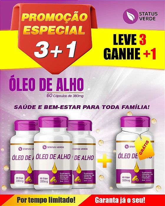 PROMOÇÃO - Kit 3 Óleo de Alho 180 Cápsulas 380 mg Status Verde 1 GRÁTIS