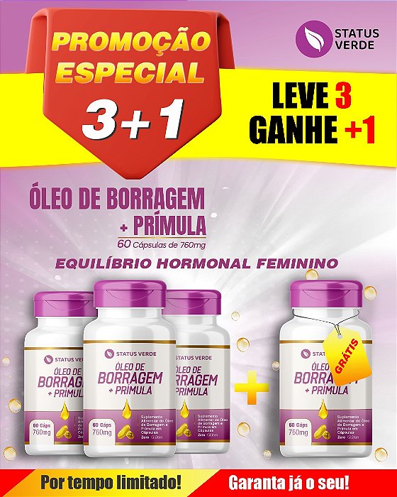 PROMOÇÃO - Kit 3 Borragem + Prímula 180 Cápsulas 760 mg Status Verde 1 GRÁTIS