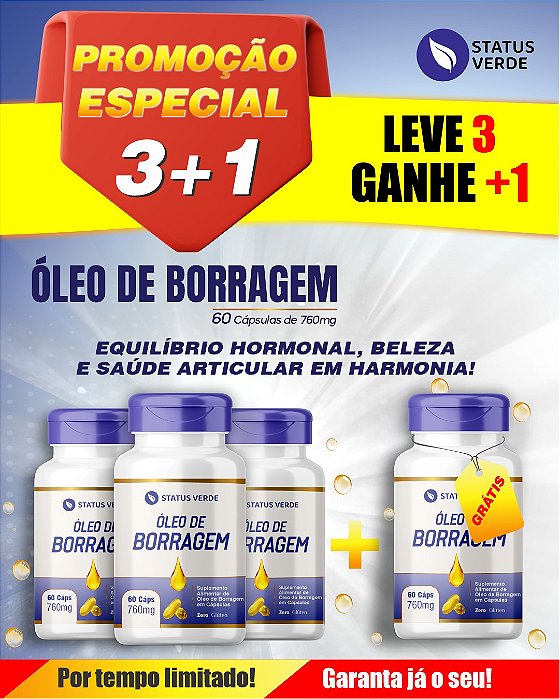 PROMOÇÃO - Kit 3 Óleo de Borragem 180 Cápsulas 760 mg Status Verde 1 GRÁTIS