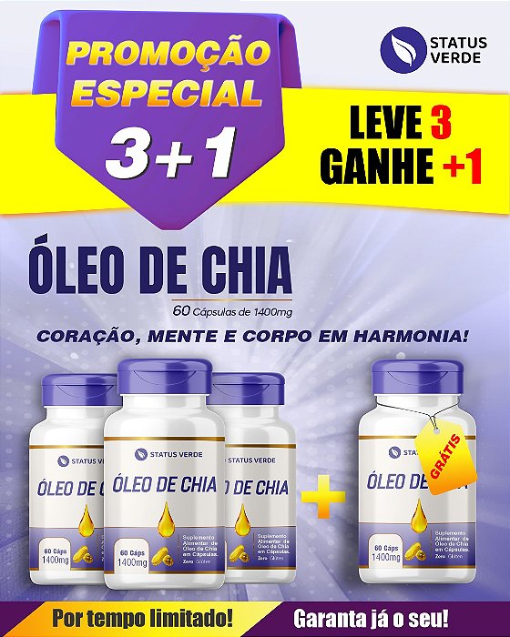 PROMOÇÃO - Kit 3 Óleo de Chia 180 Cápsulas 1400mg Status Verde 1 GRÁTIS