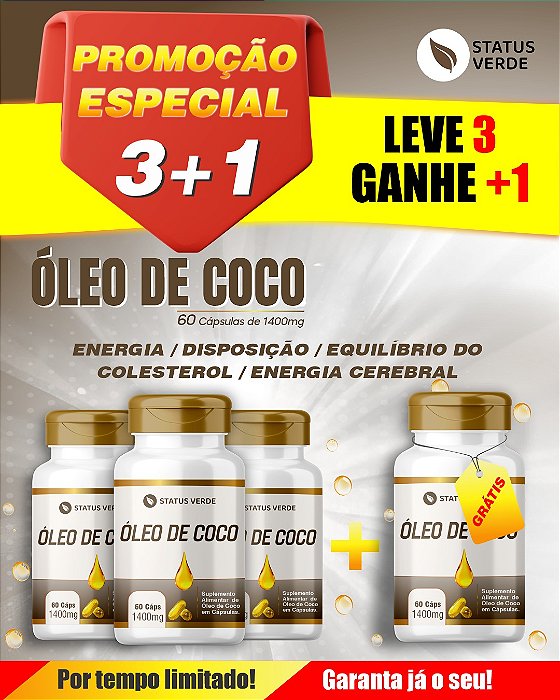 PROMOÇÃO - Kit 3 Óleo de Coco 180 Cápsulas 1400 mg Status Verde 1 GRÁTIS