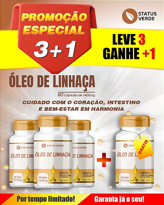 PROMOÇÃO - Kit 3 Óleo de Linhaça 180 Cápsulas1400 mg Status Verde 1 GRÁTIS