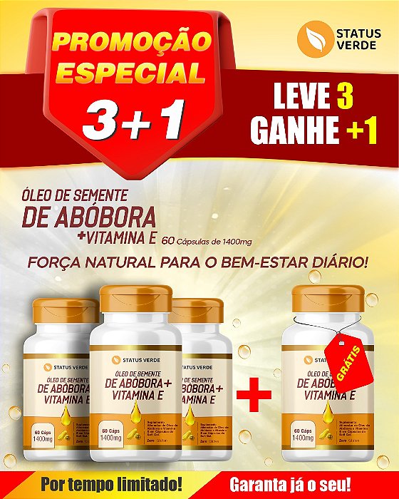 PROMOÇÃO - Kit 3 Óleo de Semente de Abóbora + Vitamina E 180 Cápsulas 1400mg Status Verde 1 GRÁTIS