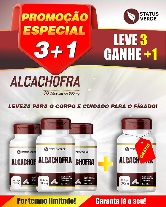 PROMOÇÃO - Kit 3 Alcachofra 180 Cápsulas 500 mg Status Verde 1 GRÁTIS