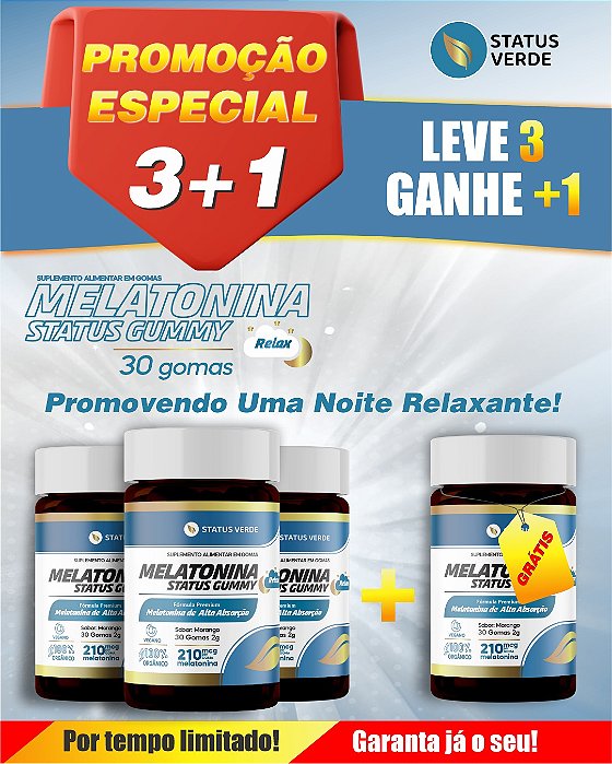 PROMOÇÃO- kit 3 Melatonina Status Gummy 30 Gomas sabor Morango 2g Status Verde 1 GRÁTIS