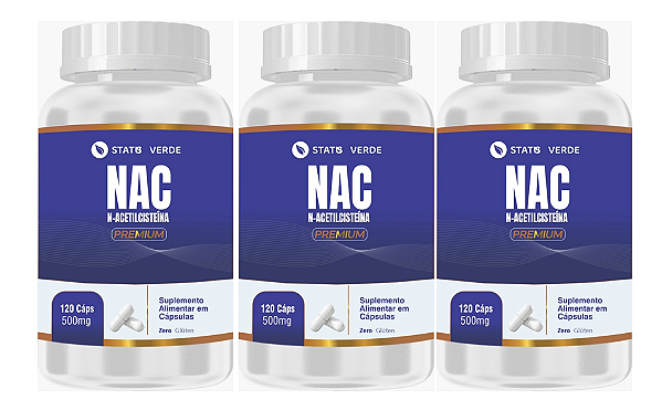 Kit 3 NAC N-Acetilcisteína 500mg - 360 Cápsulas Status Verde